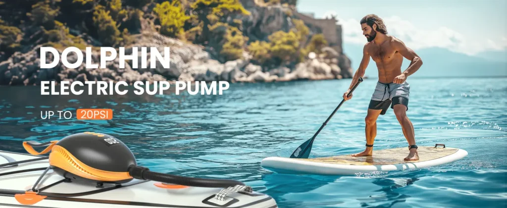 Dolphin electric SUP pump inflating a paddleboard up to 20 PSI, with man paddleboarding on the water.