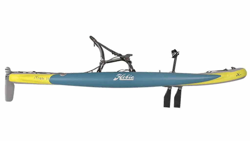 Hobie Mirage iTrek 11 Inflatable Fishing Kayak in slate blue, lightweight pedal-powered fishing kayak