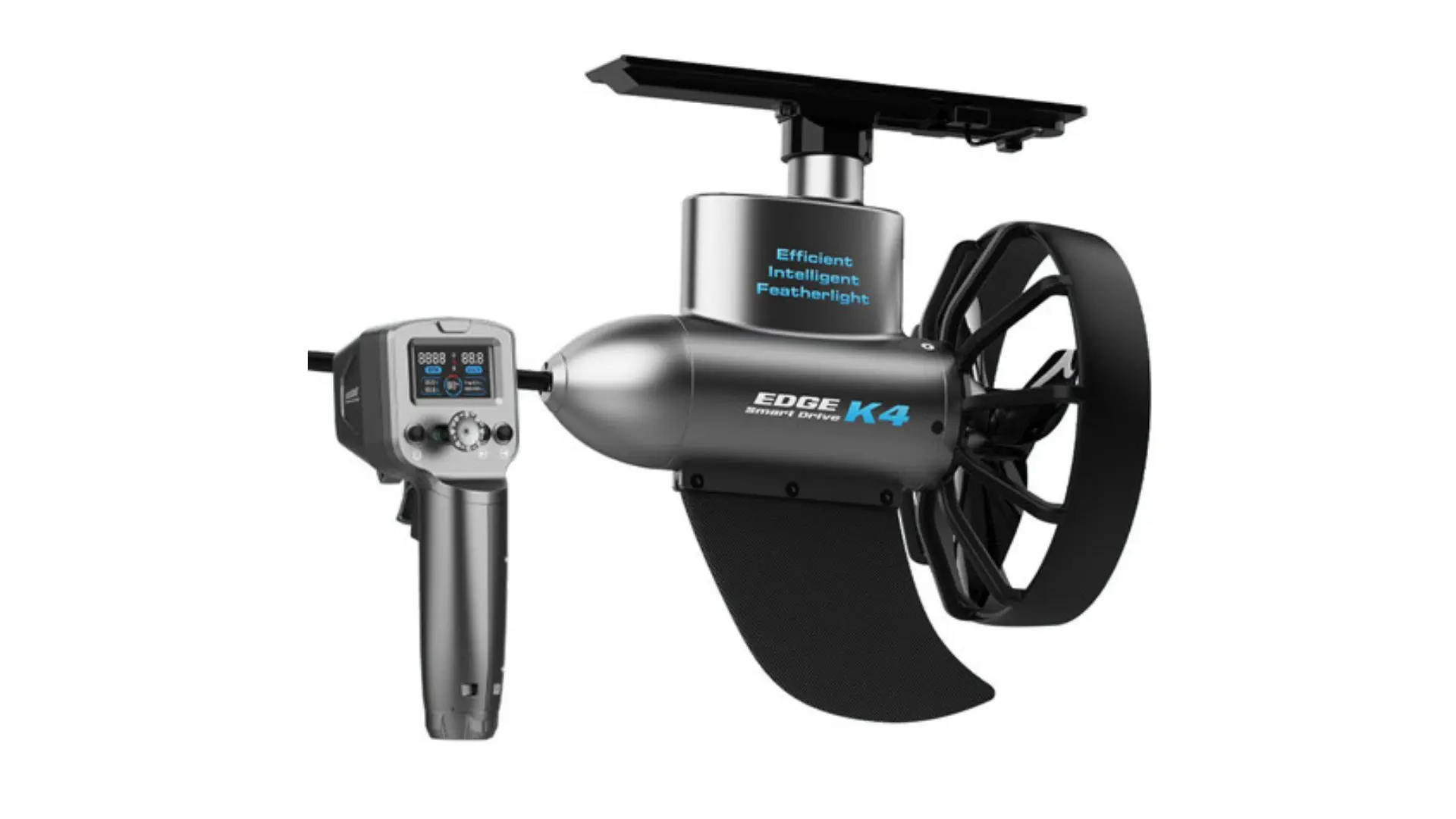 K4 Edge Smart Motor with remote control showing the fin-style electric drive and propeller guard for kayaks and paddleboards.