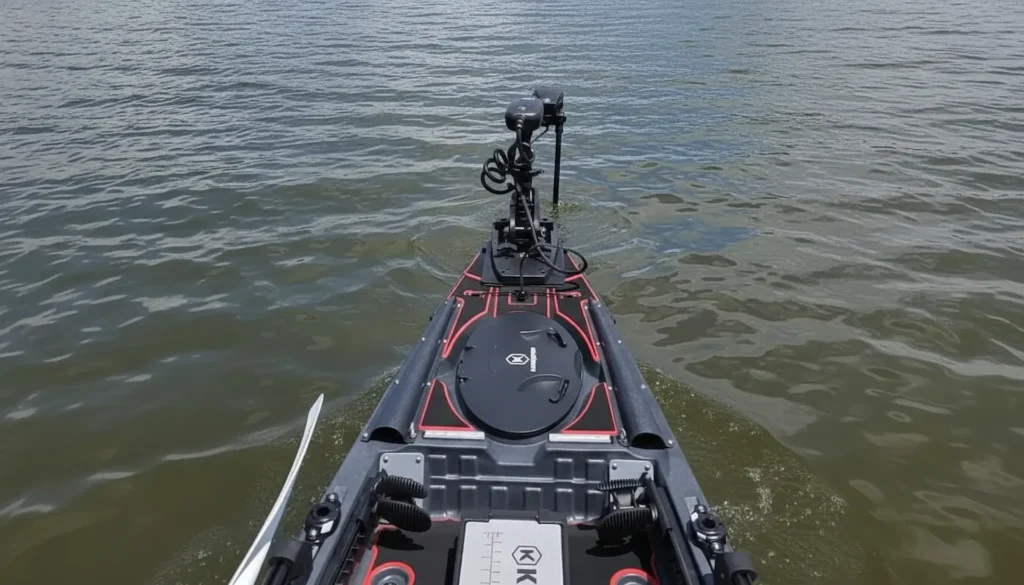 A gray fishing kayak on a sandy beach equipped with an affordable GPS trolling motor and a mounted fishing net.
