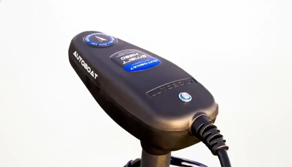 Close-up view of an AutoBoat GPS trolling motor head unit designed for kayak fishing navigation.