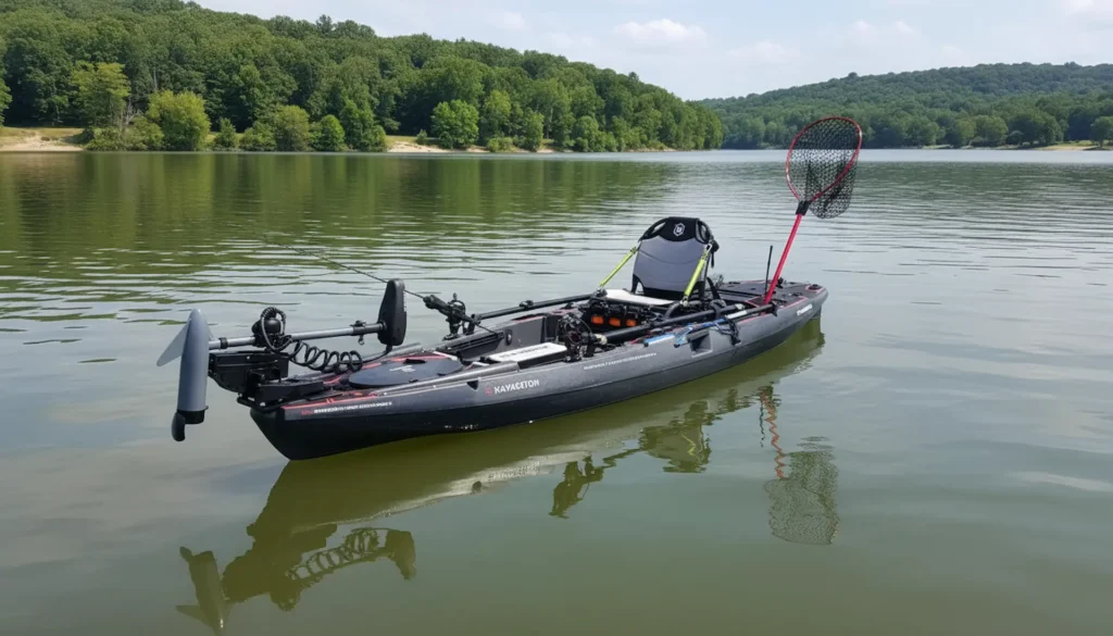 A gray fishing kayak on a sandy shore equipped with a GPS trolling motor, fishing rods, and a landing net.