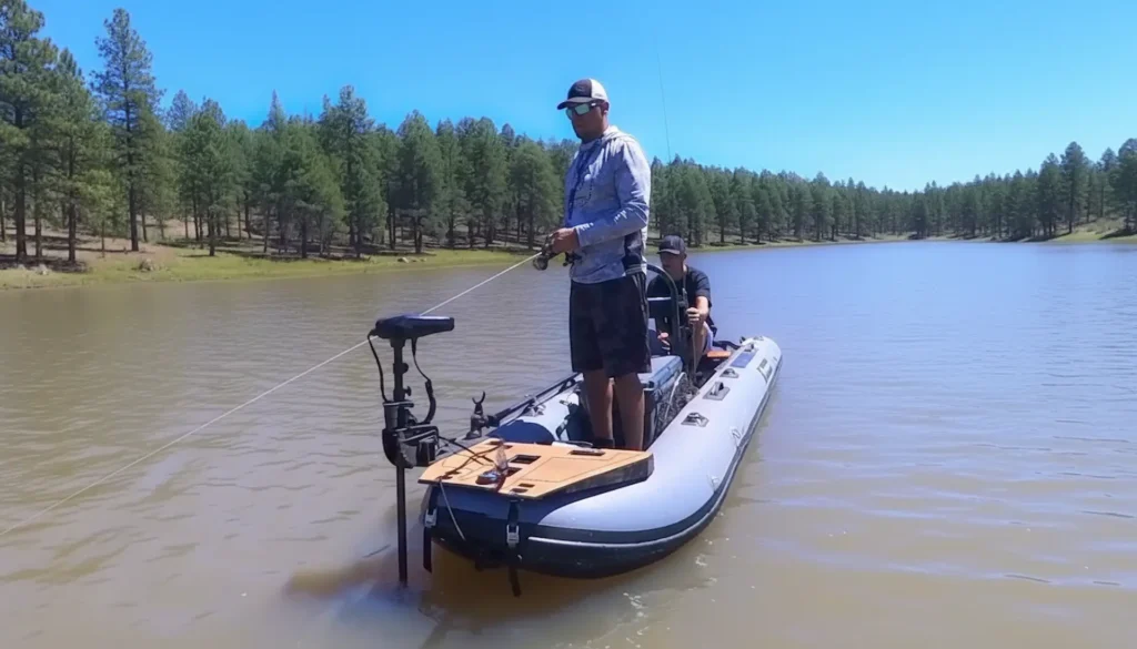 Two anglers using a GPS trolling motor mounted on a narrow inflatable fishing kayak in a calm lake.