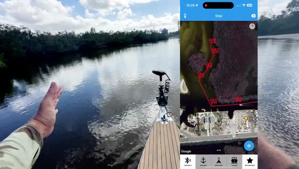 Split screen showing a kayak on the water and the AutoBoat mobile app displaying a GPS trolling motor route with waypoints.