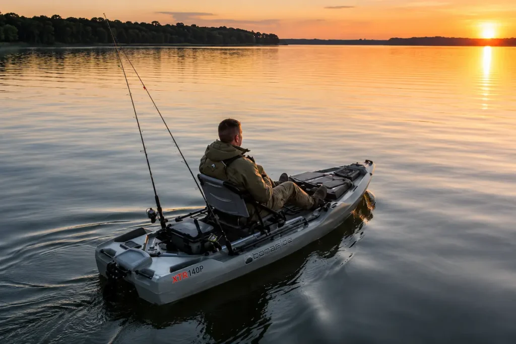 Bonafide XTR140P First Look: Pedal Drive, Tandem Space, and Big-Water Stability 2 Angler cruising a Bonafide XTR140P fishing kayak across a calm lake at sunset with fishing rods mounted behind the seat.