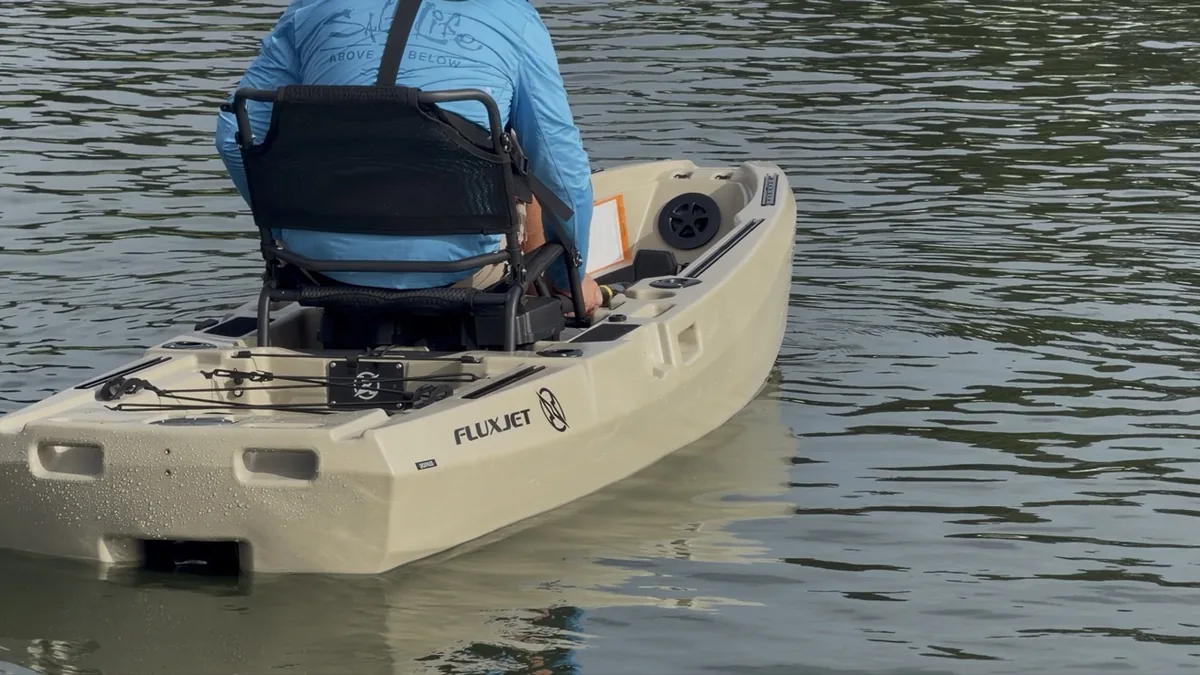 Rear view of FluxJet electric kayak showing the jet drive outlet