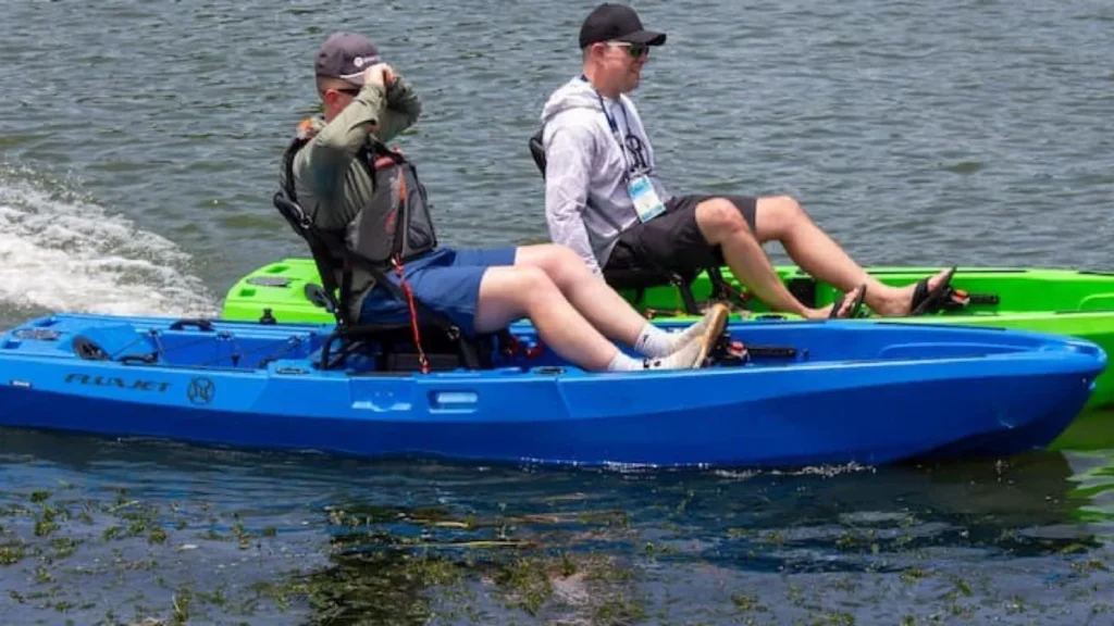 FluxJet Kayak Review: Weed-Ready Electric Jet Power Without an Exposed Prop 2 Two anglers riding FluxJet electric jet kayaks on open water