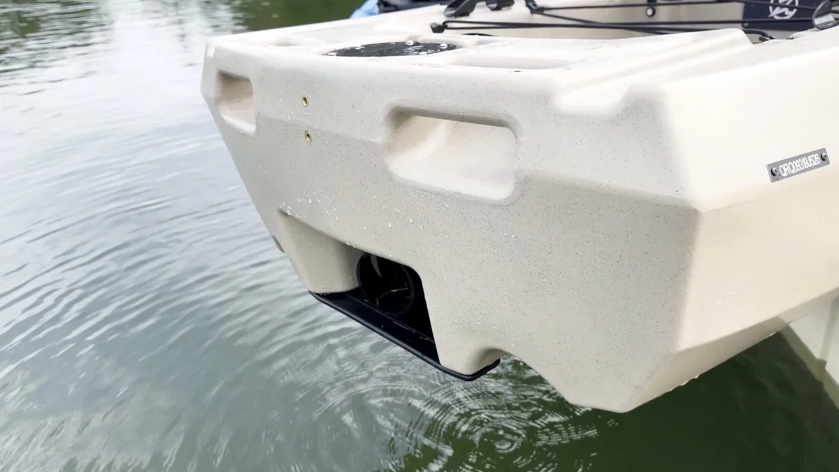 FluxJet Kayak Review: Weed-Ready Electric Jet Power Without an Exposed Prop 6 Close-up of FluxJet kayak stern showing the enclosed jet drive unit