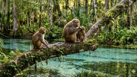 Wild monkeys over the water at Silver Springs, Florida
