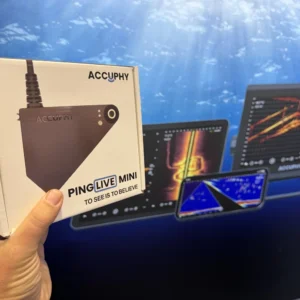 Accuphy Ping Live Mini box held at the Accuphy booth with live sonar on phone and tablet displays